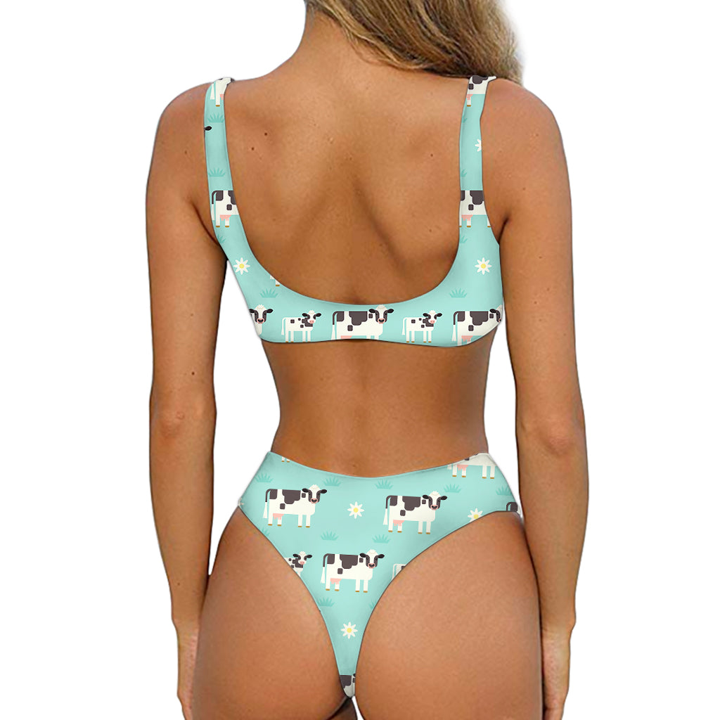 Cute Cow And Baby Cow Pattern Print Front Bow Tie Bikini