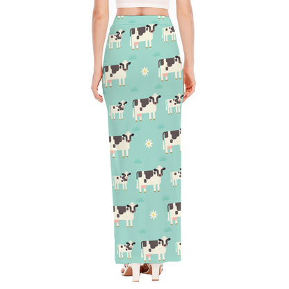 Cute Cow And Baby Cow Pattern Print High Slit Maxi Skirt