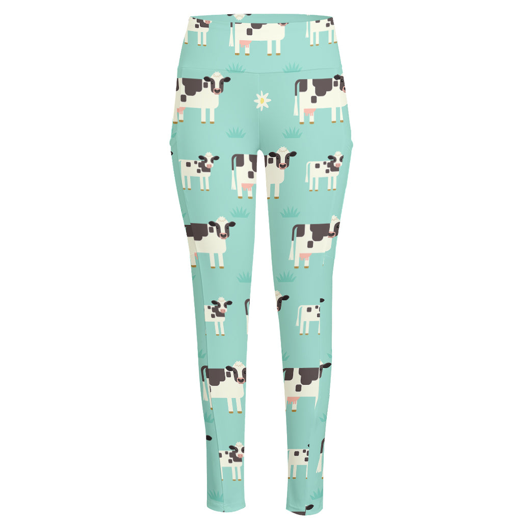 Cute Cow And Baby Cow Pattern Print High-Waisted Pocket Leggings