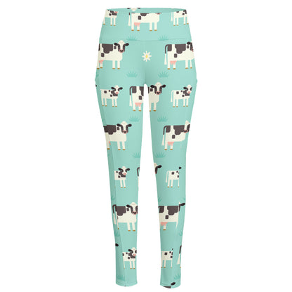 Cute Cow And Baby Cow Pattern Print High-Waisted Pocket Leggings