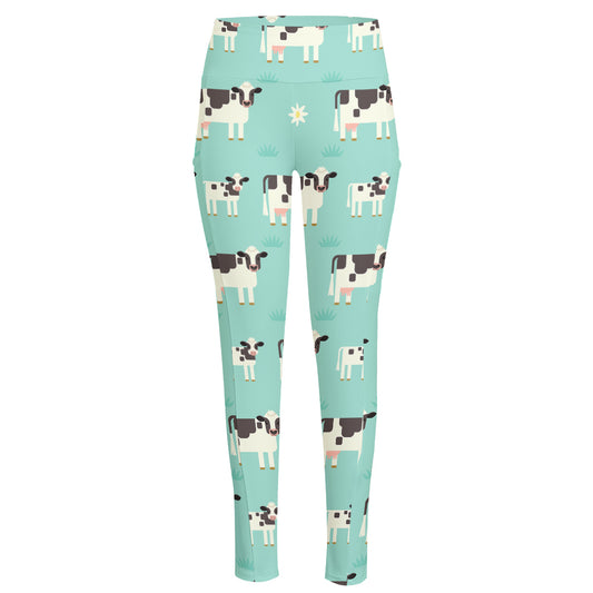 Cute Cow And Baby Cow Pattern Print High-Waisted Pocket Leggings