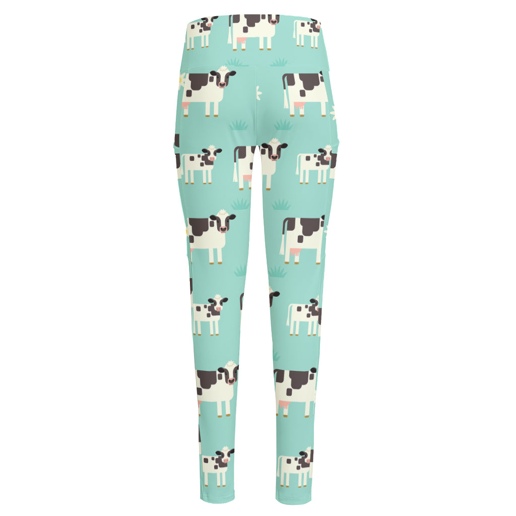 Cute Cow And Baby Cow Pattern Print High-Waisted Pocket Leggings