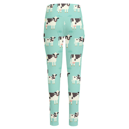 Cute Cow And Baby Cow Pattern Print High-Waisted Pocket Leggings