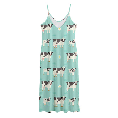 Cute Cow And Baby Cow Pattern Print Jersey Midi Cami Dress
