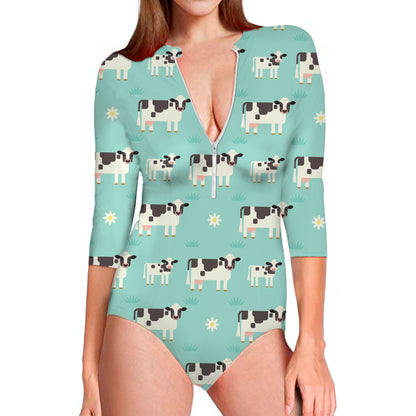 Cute Cow And Baby Cow Pattern Print Long Sleeve Swimsuit