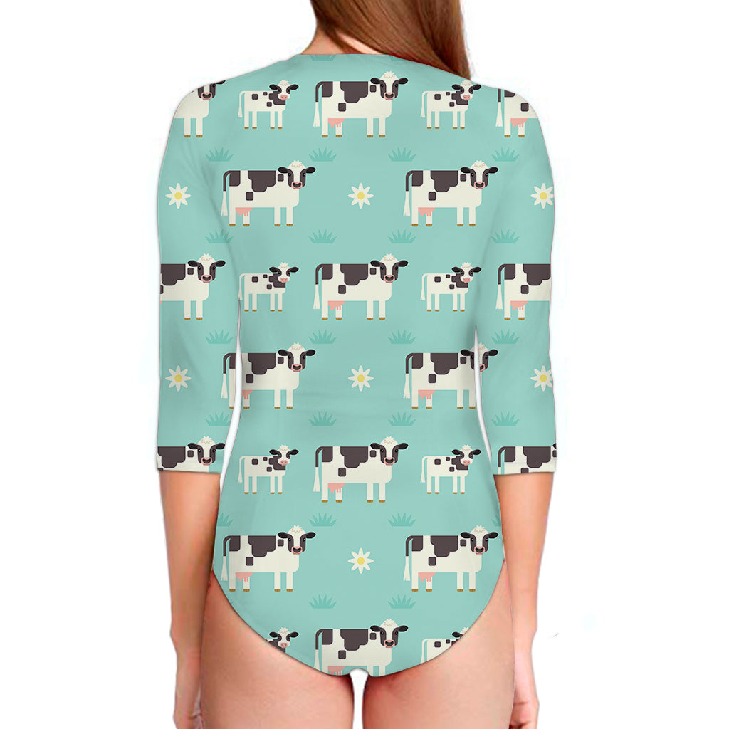 Cute Cow And Baby Cow Pattern Print Long Sleeve Swimsuit