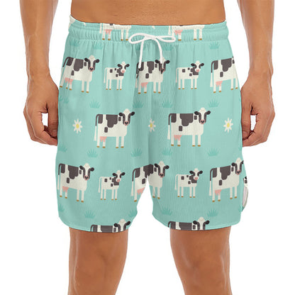 Cute Cow And Baby Cow Pattern Print Men's Split Running Shorts