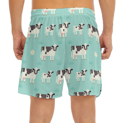 Cute Cow And Baby Cow Pattern Print Men's Split Running Shorts