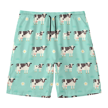 Cute Cow And Baby Cow Pattern Print Men's Swim Trunks