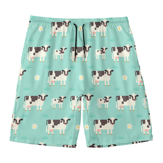 Cute Cow And Baby Cow Pattern Print Men's Swim Trunks