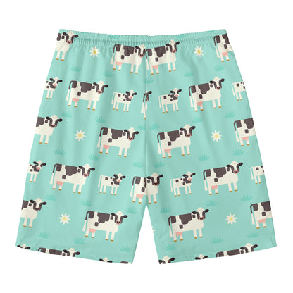 Cute Cow And Baby Cow Pattern Print Men's Swim Trunks
