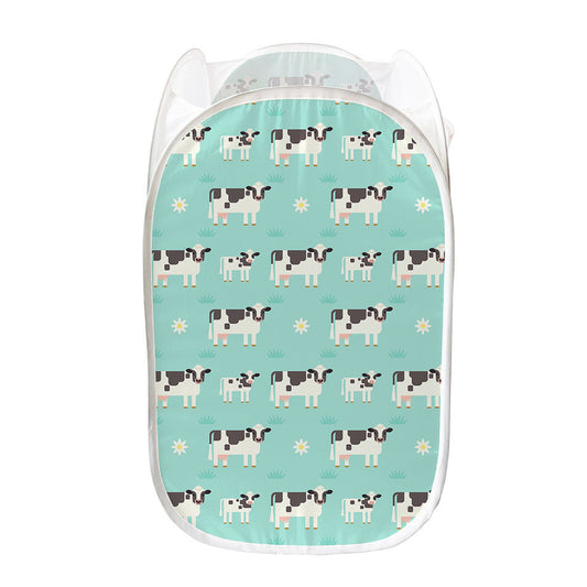 Cute Cow And Baby Cow Pattern Print Mesh Laundry Hamper