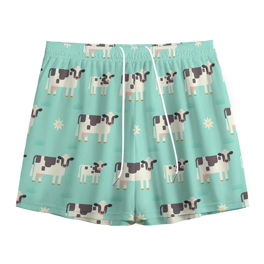 Cute Cow And Baby Cow Pattern Print Mesh Shorts