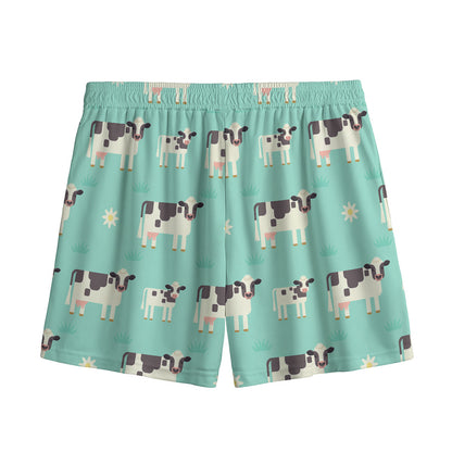 Cute Cow And Baby Cow Pattern Print Mesh Shorts