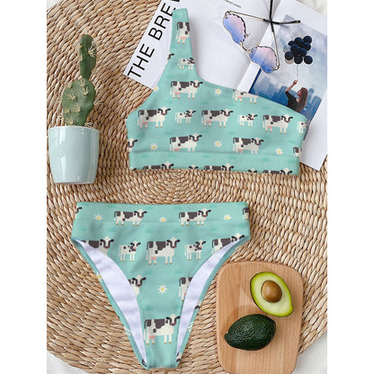Cute Cow And Baby Cow Pattern Print One Shoulder Bikini Top