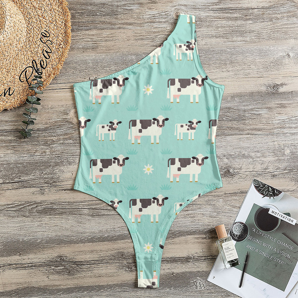 Cute Cow And Baby Cow Pattern Print One Shoulder Bodysuit