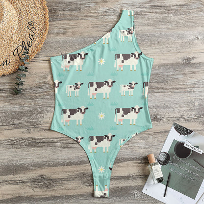 Cute Cow And Baby Cow Pattern Print One Shoulder Bodysuit