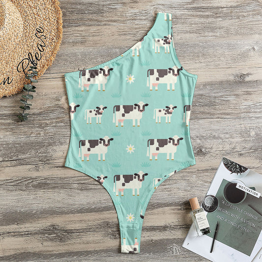 Cute Cow And Baby Cow Pattern Print One Shoulder Bodysuit