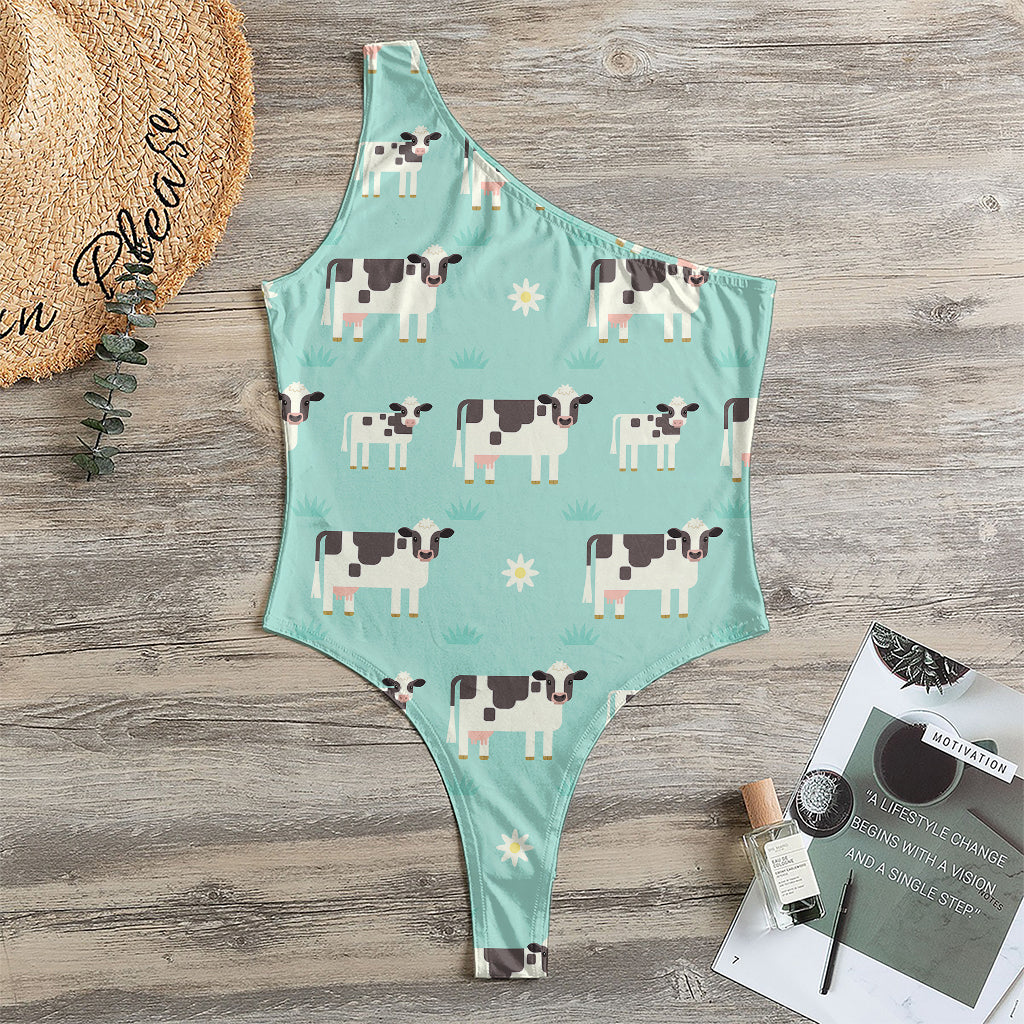 Cute Cow And Baby Cow Pattern Print One Shoulder Bodysuit