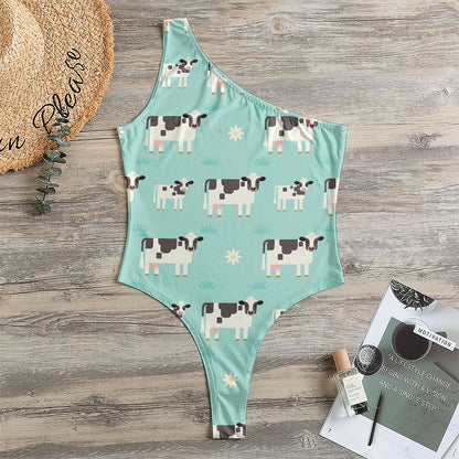 Cute Cow And Baby Cow Pattern Print One Shoulder Bodysuit