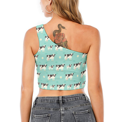 Cute Cow And Baby Cow Pattern Print One Shoulder Crop Top