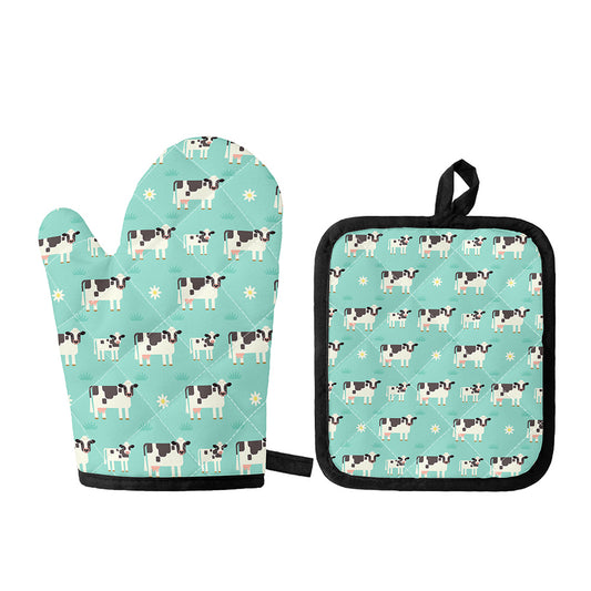 Cute Cow And Baby Cow Pattern Print Oven Mitt And Pot Holder Set