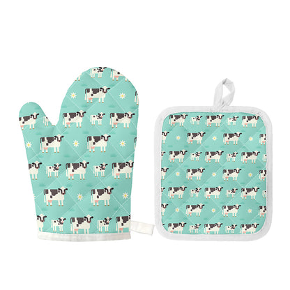Cute Cow And Baby Cow Pattern Print Oven Mitt And Pot Holder Set