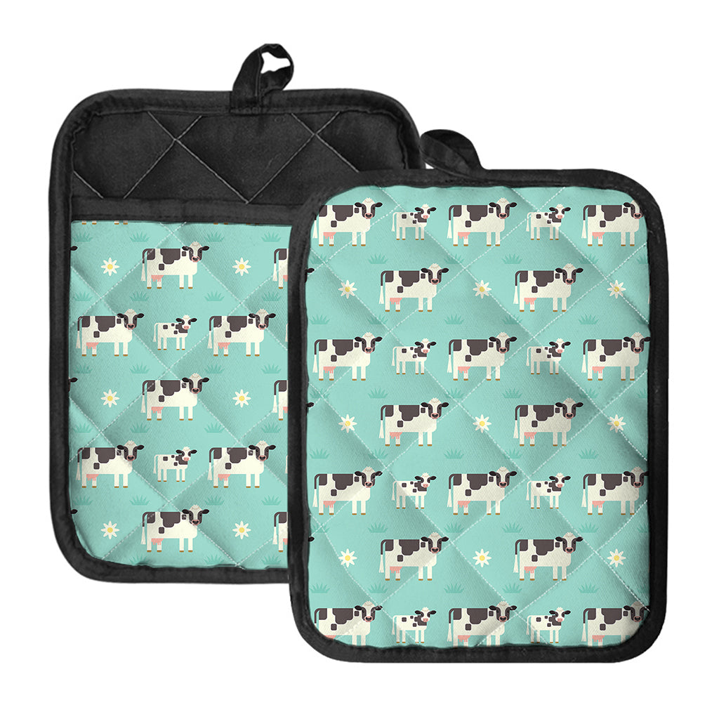 Cute Cow And Baby Cow Pattern Print Pot Holders With Pocket