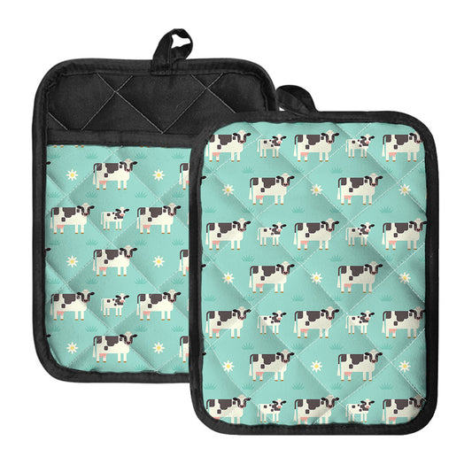 Cute Cow And Baby Cow Pattern Print Pot Holders With Pocket