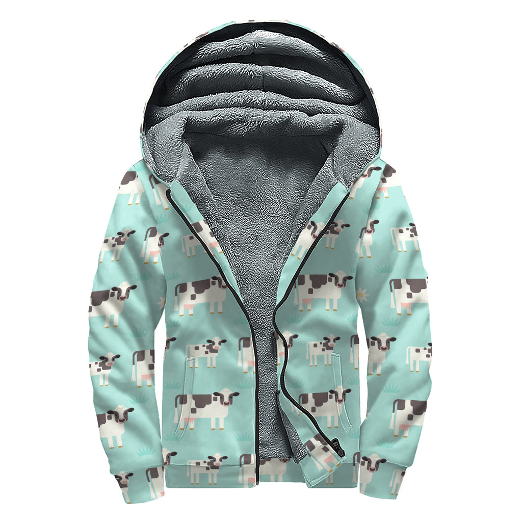 Cute Cow And Baby Cow Pattern Print Sherpa Lined Zip Up Hoodie