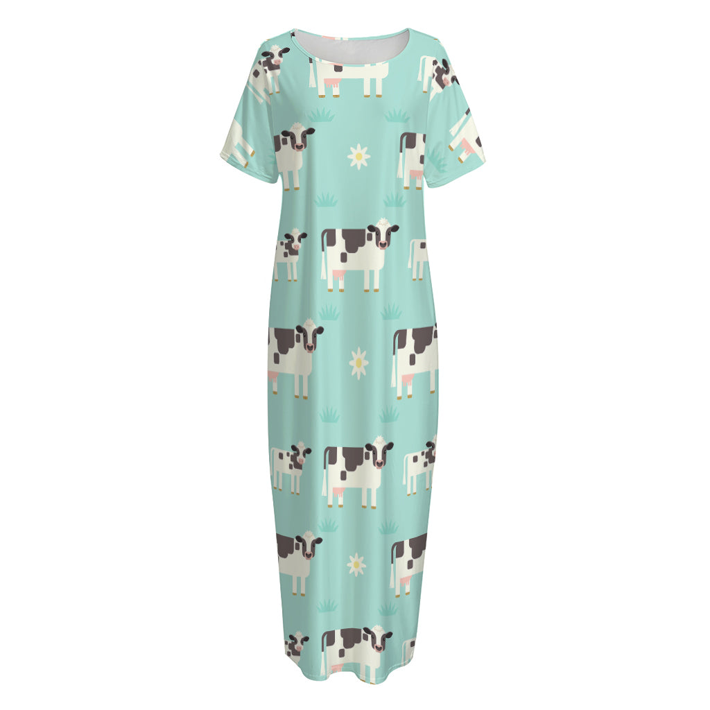 Cute Cow And Baby Cow Pattern Print Short Sleeve Long Nightdress