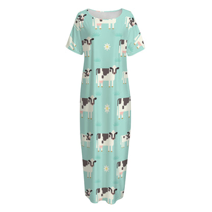 Cute Cow And Baby Cow Pattern Print Short Sleeve Long Nightdress