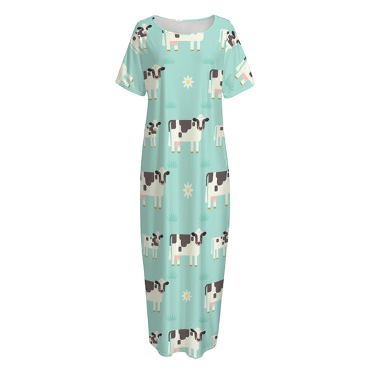 Cute Cow And Baby Cow Pattern Print Short Sleeve Long Nightdress