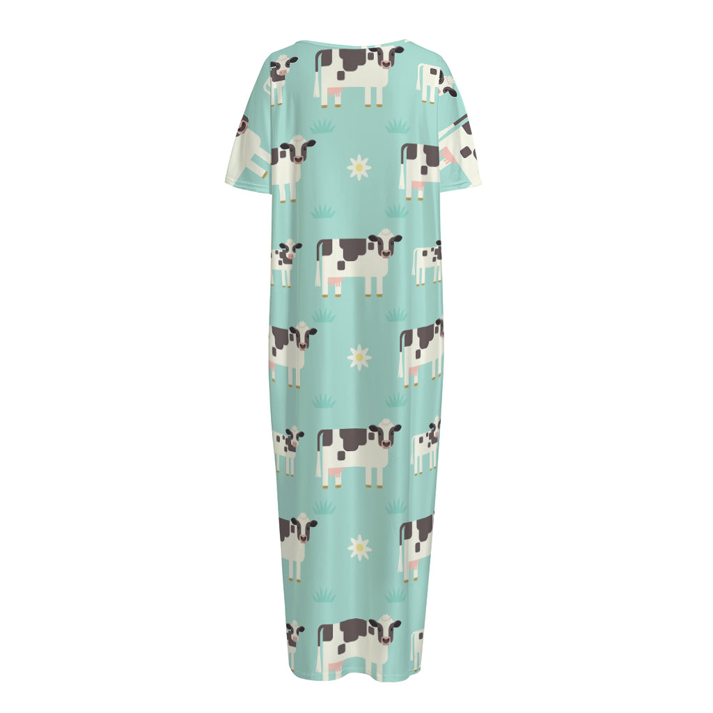 Cute Cow And Baby Cow Pattern Print Short Sleeve Long Nightdress