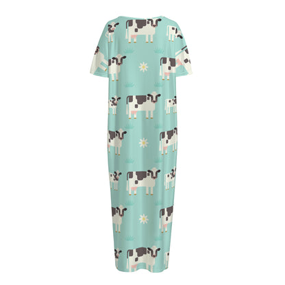 Cute Cow And Baby Cow Pattern Print Short Sleeve Long Nightdress