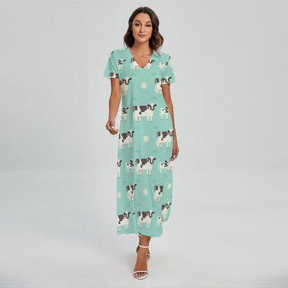 Cute Cow And Baby Cow Pattern Print Short Sleeve Maxi Dress