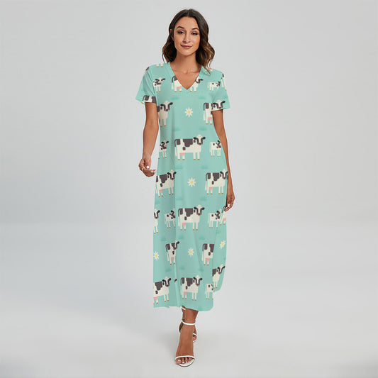 Cute Cow And Baby Cow Pattern Print Short Sleeve Maxi Dress