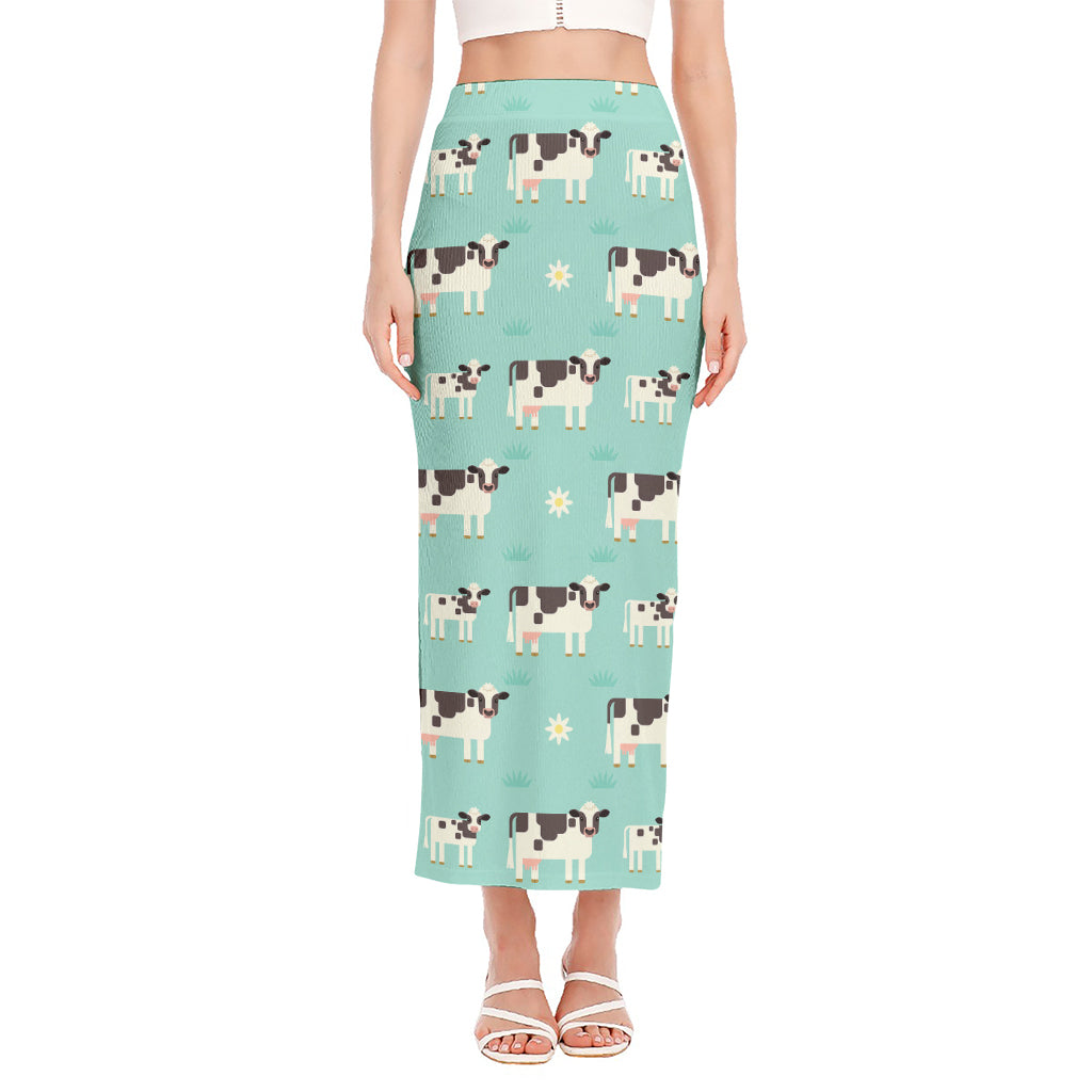 Cute Cow And Baby Cow Pattern Print Side Slit Maxi Skirt