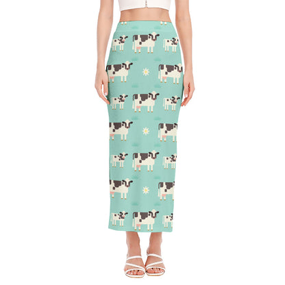 Cute Cow And Baby Cow Pattern Print Side Slit Maxi Skirt