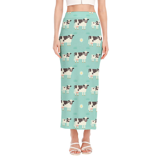 Cute Cow And Baby Cow Pattern Print Side Slit Maxi Skirt