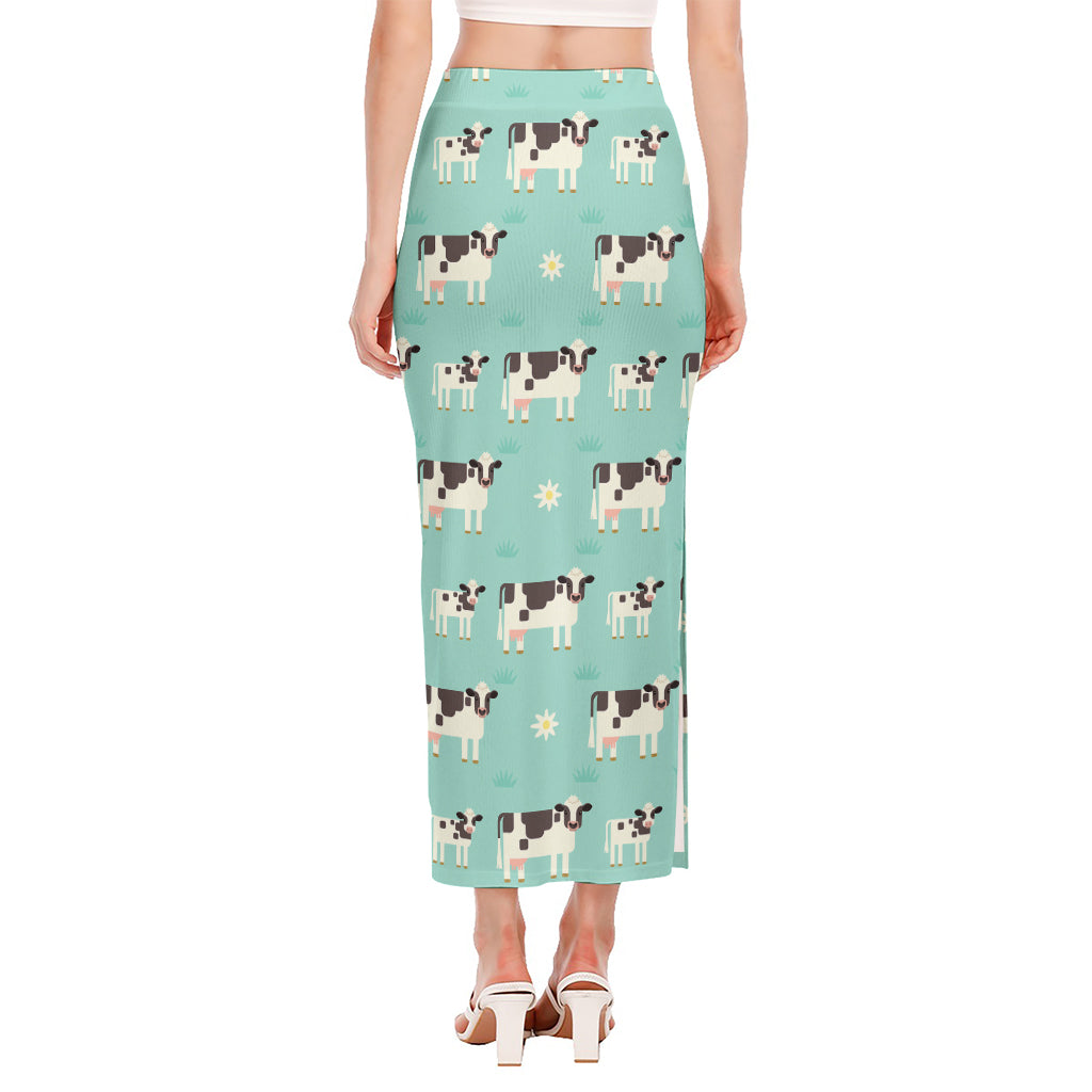 Cute Cow And Baby Cow Pattern Print Side Slit Maxi Skirt