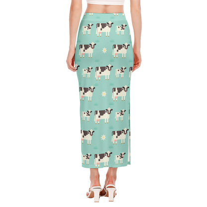 Cute Cow And Baby Cow Pattern Print Side Slit Maxi Skirt