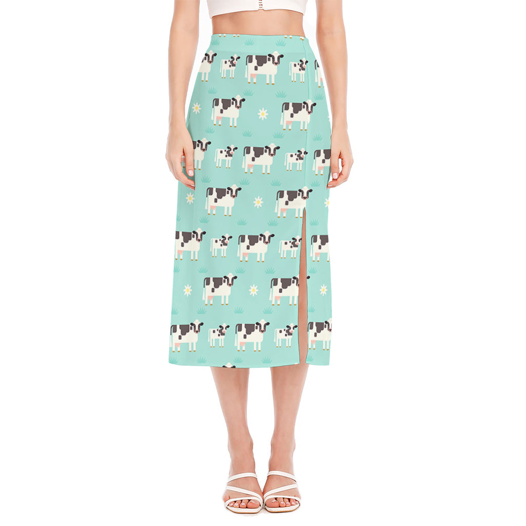 Cute Cow And Baby Cow Pattern Print Side Slit Midi Skirt