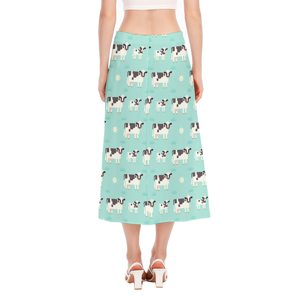 Cute Cow And Baby Cow Pattern Print Side Slit Midi Skirt