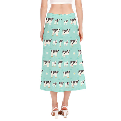 Cute Cow And Baby Cow Pattern Print Side Slit Midi Skirt