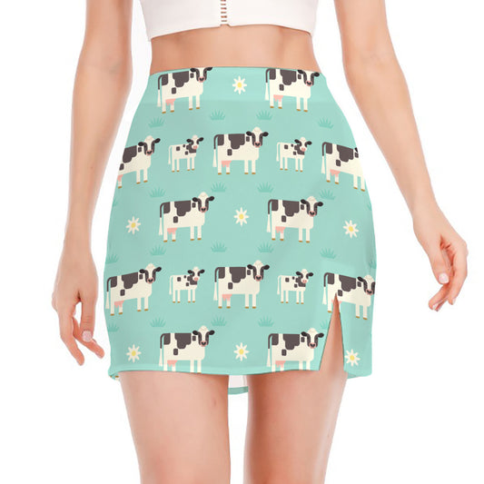 Cute Cow And Baby Cow Pattern Print Side Slit Mini Skirt