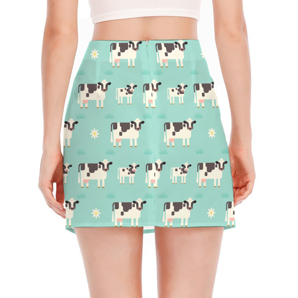 Cute Cow And Baby Cow Pattern Print Side Slit Mini Skirt