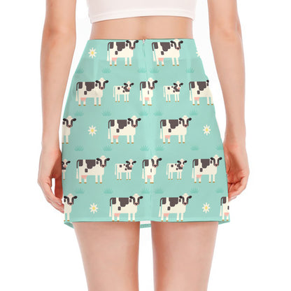 Cute Cow And Baby Cow Pattern Print Side Slit Mini Skirt