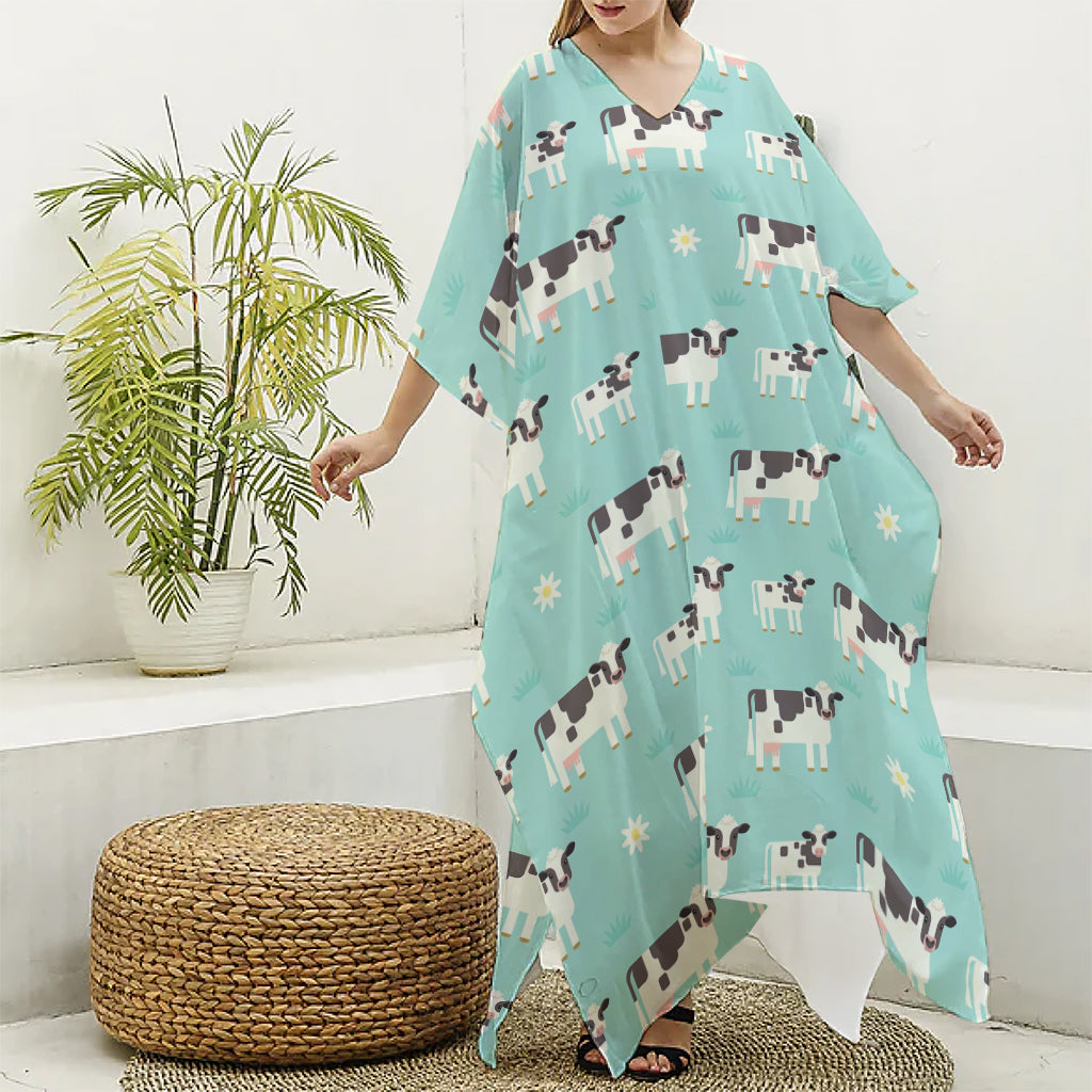 Cute Cow And Baby Cow Pattern Print Silk V-Neck Kaftan Dress