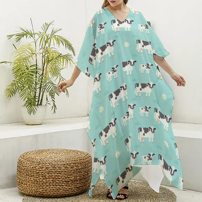 Cute Cow And Baby Cow Pattern Print Silk V-Neck Kaftan Dress